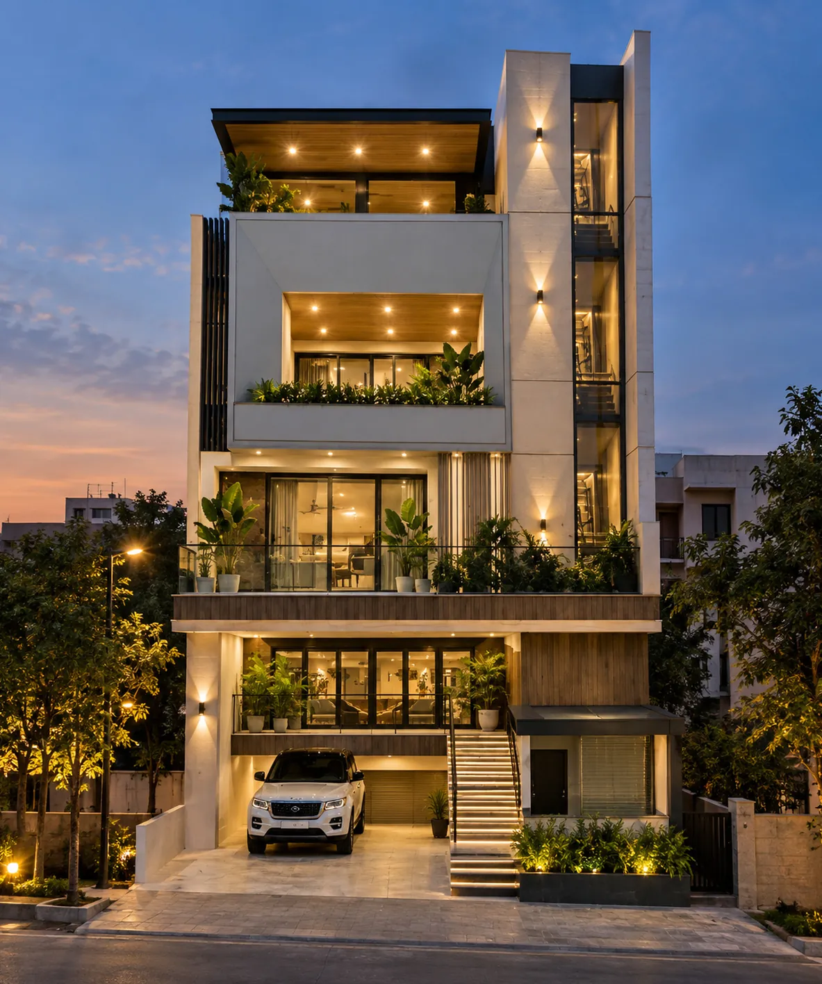 Contemporary luxury residence by ADC India at dusk, with layered terraces and warm lighting
