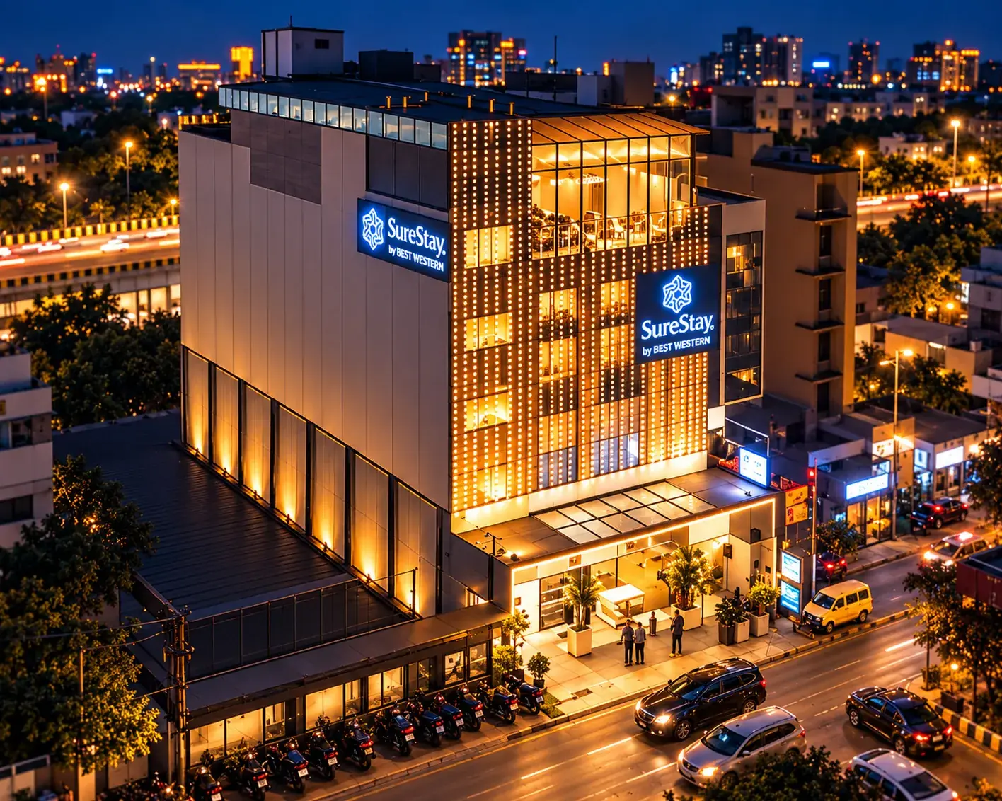 SureStay by Best Western hotel in Gomti Nagar, Lucknow, by ADC India, seen from above at night