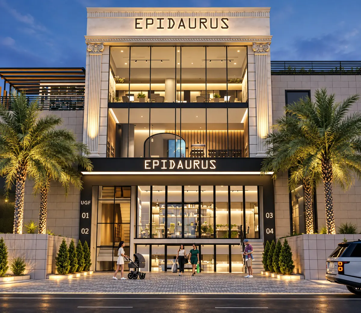 Epidaurus mixed-use building in Vrindavan Yojana, Lucknow, with a glazed double-height frontage