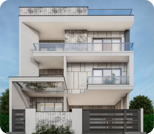 Minimalist residential retreat in Gomti Nagar Extension, Lucknow, with broad horizontal slabs and planted terraces