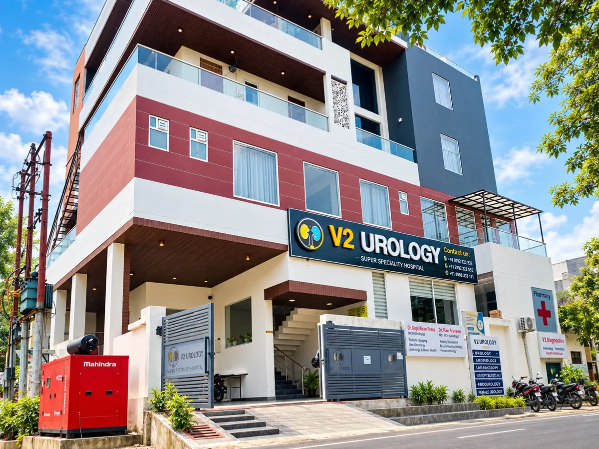 V2 Urology Hospital in Gomti Nagar, Lucknow: a multi-storey specialist hospital on a street corner